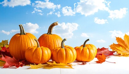 Autumn Harvest - Pumpkins and Maple Leaves Against a Blue Sky.