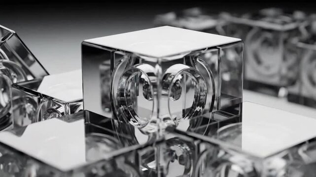 Shiny, reflective cubes with unique design, creating a modern, monochrome, and abstract aesthetic.