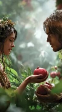 Snake in the Adam and Eve story offers forbidden fruit temptation, Book of Genesis. Bible legend of expulsion from Garden of Eden and original sin