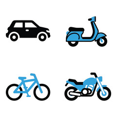 Obraz premium Vector art of set of four transportation icons including a car, scooter, bicycle, and motorcycle