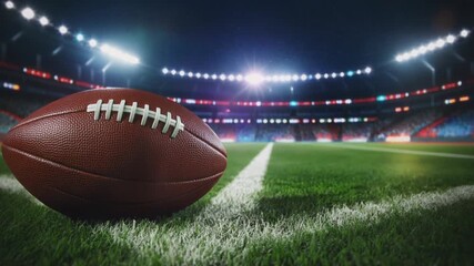 Rugby ball on stadium grass styled like american football dramatic sports atmosphere competition energy scene