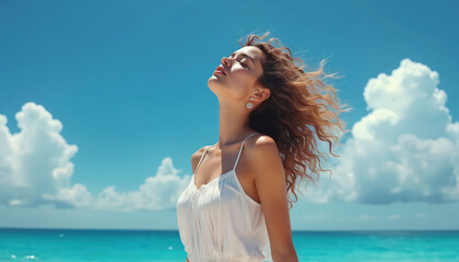 Woman with flowing hair inhales deeply by turquoise ocean under bright blue sky with fluffy clouds. She enjoys summer sun, gentle sea breeze, feeling pure bliss and relaxation. Her peaceful moment.