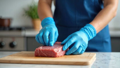 Person in blue gloves handles raw meat on wooden cutting board. Preparing food in modern kitchen. Cleanliness and safety concept. Healthy eating.