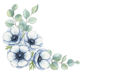 Hand painted watercolor corner element featuring anemones and eucalyptus in pastel blue isolated on white background
