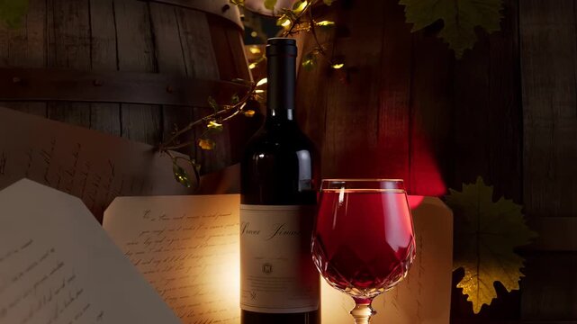 Bottle and crystal glass of deep red wine glowing in candlelight against aged wooden barrels, grapevines and handwritten notes add rustic charm and nostalgic warmth in intimate cellar scene