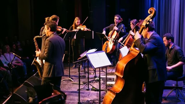 Jazz ensemble performs on a dimly lit stage with a double bass, saxophone, and drum kit. Musicians read from sheet music and interact in a live concert setting. Warm stage lighting creates an intimate
