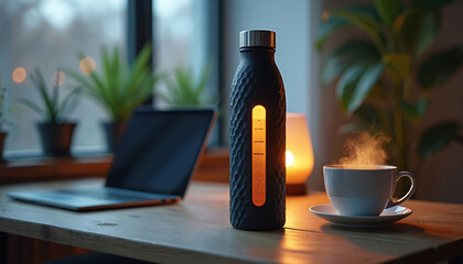 Smart water bottle glows on desk next to laptop and steaming coffee cup. Modern hydration tracker aids healthy lifestyle. Bottle has textured surface and digital water level indicator.