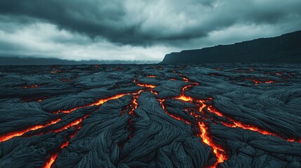 Erupting lava flow landscape phuangmany gigapixel volcanic rock view dramatic dark environment