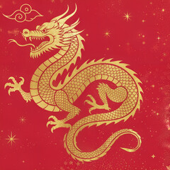 Fototapeta premium Ornate Golden Dragon Graphic Illustration on Red Starry Background