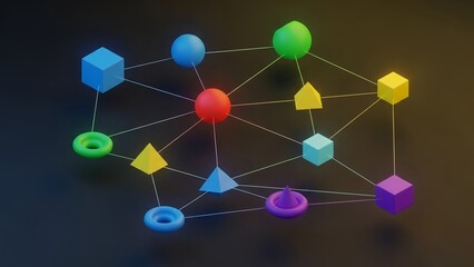 Abstract Network of Colorful Geometric Shapes Connected by Lines.