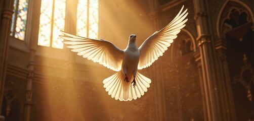 Fototapeta premium White dove with spread wings floats in church interior with sun rays piercing through stained glass window. Holy spirit symbolism peace divine presence faith hope. Gentle bird flies upward.