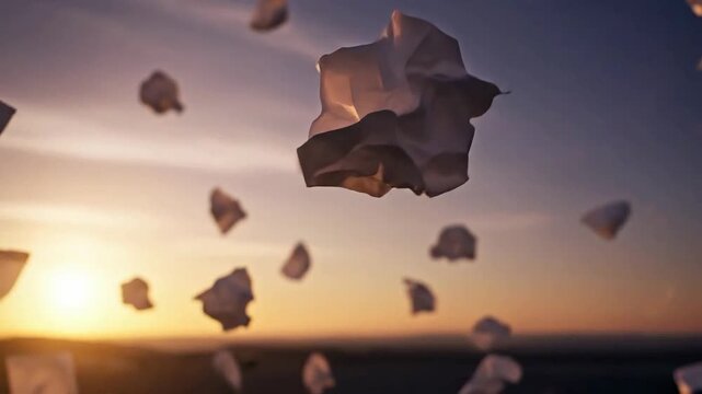 Abstract paper pieces softly float against a gradient sunset sky, creating a serene and dreamy atmosphere.