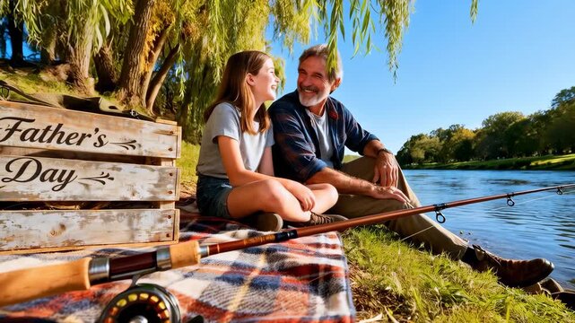 Father and daughter share a relaxed fishing moment by a river on Father's Day. They sit on a plaid blanket beside a wooden crate with a Fathers Day sign. A fishing rod and reel lie in the foreground n