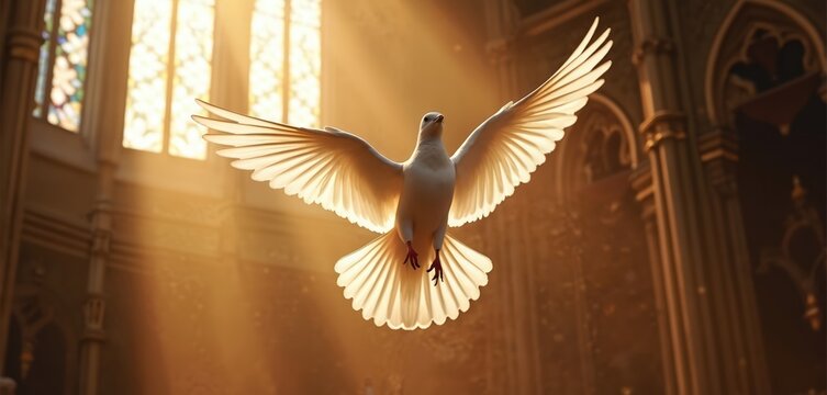 White dove with spread wings floats in church interior with sun rays piercing through stained glass window. Holy spirit symbolism peace divine presence faith hope. Gentle bird flies upward.