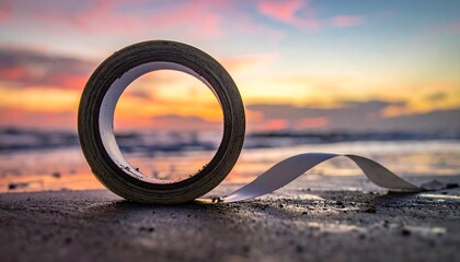Roll of tape on beach at sunset with vibrant colors.