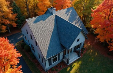 Aerial view of home with grey roof surrounded by vibrant orange and yellow autumn trees. Sunlight casts shadows on the building. Lush green grass and fallen leaves blanket the ground.