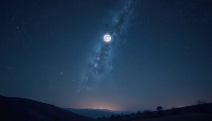 Full moon shines bright in starry night sky above silhouetted hills. Milky Way galaxy arc is visible in deep blue expanse. Distant town lights glow faintly.