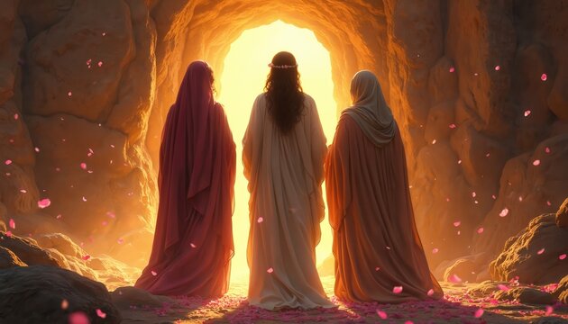 Three women in robes stand before a bright cave opening, petals float around them. Golden light from the empty tomb illuminates their figures and the rocky surroundings.