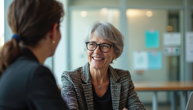 Smiling older woman with glasses talks with younger woman at desk. Professor advises student, discusses career growth, future job prospects in university office. Discussing about job opportunities,
