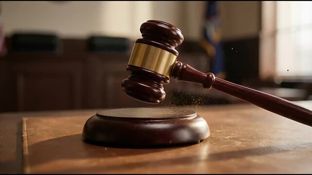 Wooden Gavel Hitting Sound Block on Brown Desk in Courtroom with American Flag in Background and Blurred Room