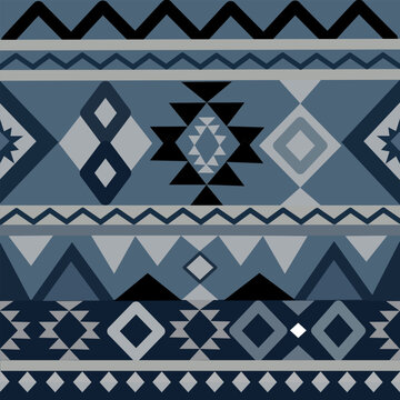 Geometric Tribal Seamless Pattern in Blue and Gray