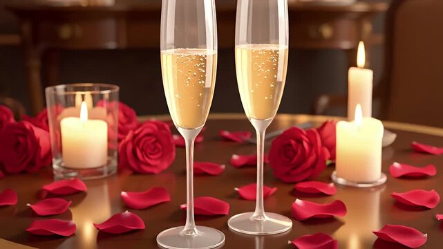 Elegant Flat Animation Champagne Toast with Rose Petals and Candlelight on Opulent Table