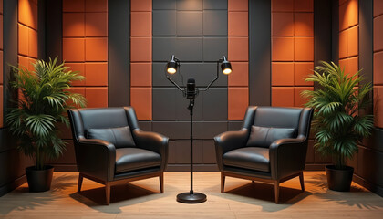 Modern podcast studio with two leather armchairs, professional microphone between. Acoustic panels on wall, green plants in pots, warm ambient lighting create comfortable atmosphere for interviews.