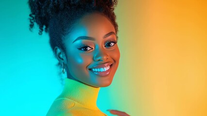 Woman smiles confidently in a colorful teal and orange studio portrait with soft directional lighting and an open area on the right available for text or graphic elements. Warm expression conveys appr - Powered by Adobe