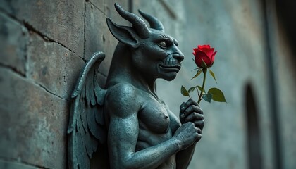 Stone gargoyle statue with horns and wings holds a red rose. Gothic architecture element. Dark fantasy art, creepy aesthetic. Symbol of contrasting beauty and darkness.