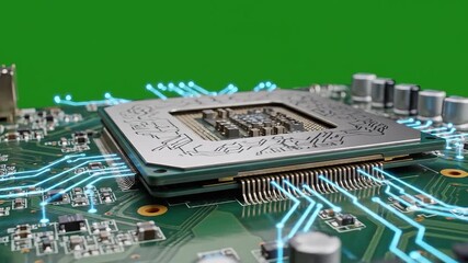Dynamic closeup of a central processing unit socket on a vibrant green circuit board illuminated by glowing blue data lines symbolizing advanced computing digital information flow and the intricate w. - Powered by Adobe