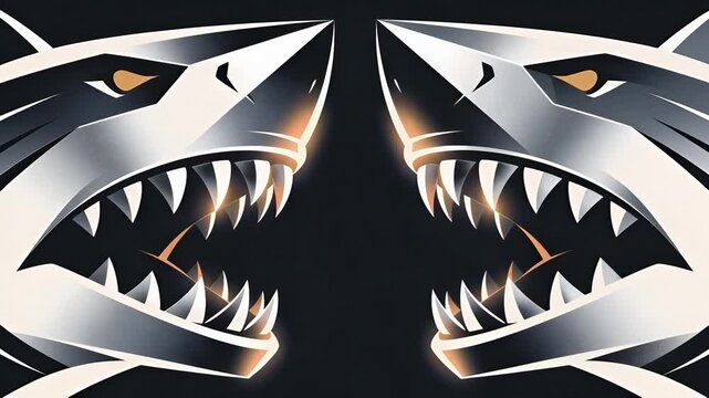 Two aggressive shark heads facing each other symbolizing conflict and rivalry.