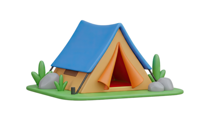 3D Cartoon Tent Illustration with Grass and Rocks