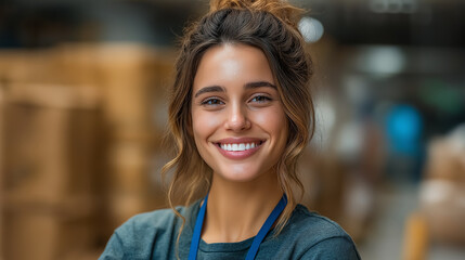 Smiling Young Woman in Warehouse: Confident Professional in Casual Clothing Showcasing Positive Energy and Team Spirit in the Service Industry