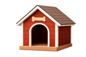 Red wooden dog house, featuring a brown roof and a bone-shaped nameplate, offering a cozy shelter for dogs. Transparent background