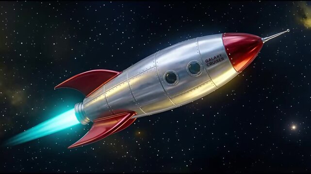 Silver Rocket with Red Fins Flying Through Starry Space Background with Yellow and Blue Flame