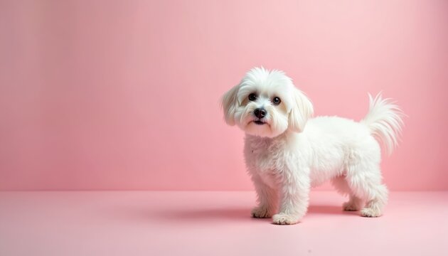 Small white dog stands on a pastel pink background. Fluffy pet looks at camera in studio. Simple portrait with empty space for text. Cute canine pose for advert.