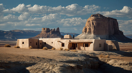 Traditional adobe home in arid desert landscape with towering sandstone buttes under blue sky