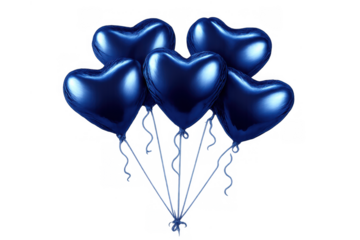 Blue metallic heart balloons forming a bunch for celebration, love, and romantic events on transparent background