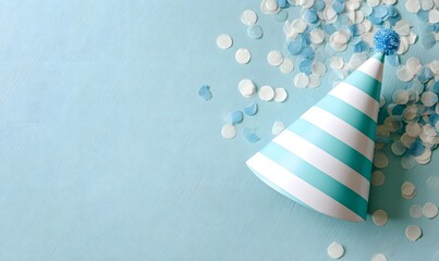 Flat solid background in pastel turquoise color, matte finish, evenly lit. On one side of the image, a realistic birthday party hat with a small pom-pom on the tip