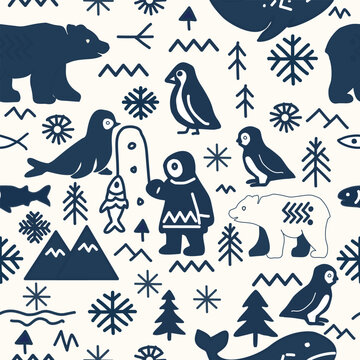 Arctic Nordic Seamless Vector Pattern with Polar Animals and Winter Symbols