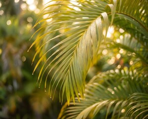 Palm Leaf with Water Droplets, Tropical Foliage, Golden Sunlight