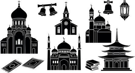 Religious buildings and symbols vector set with mosque, church, temple, lantern, and prayer mats icons for culture and worship illustration