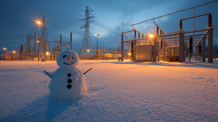 nowman standing in snowy electrical substation yard with illuminated power lines at night