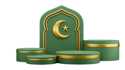 Islamic Green and Gold Podiums with Crescent Moon and Star Emblem