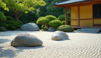 Zen rock garden with raked sand and stone arrangements. Green trees and building in background. Peaceful traditional Japanese landscape design offers calm atmosphere.