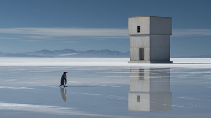 King penguin walking across mirror-like ice near isolated concrete tower in vast open landscape