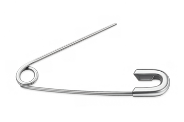 Safety pin object, silver metal sewing or garment fastener, fastening clothes and fabric, open sharp tool isolated on transparent background