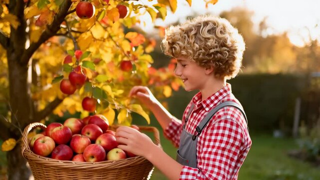 Boy picks apples from a low branch in a sunlit orchard and places ripe fruit into a woven wicker basket on a ladder, autumn leaves in warm colors and soft late afternoon light evoking a cozy seasonal 