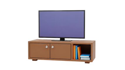 Brown TV Stand with Television and Books