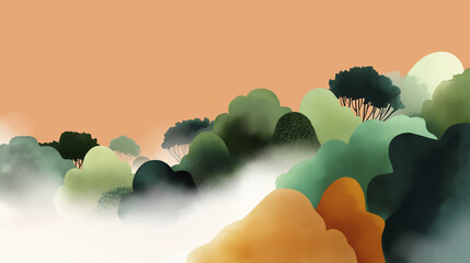 Serene Abstract Landscape of Misty Green Forest Hills at Dawn